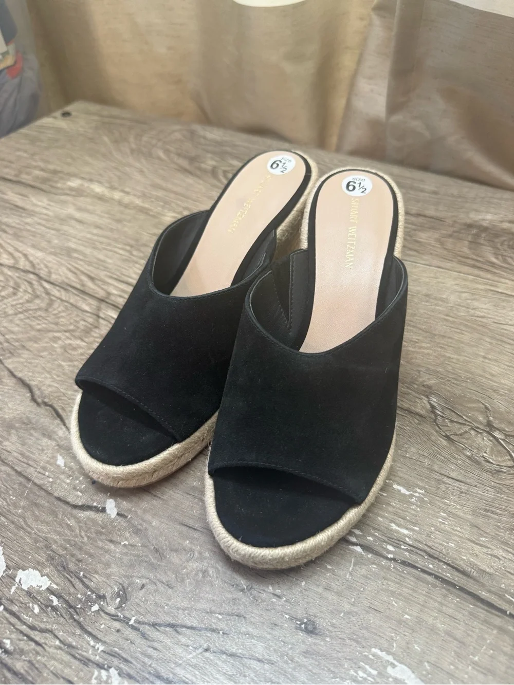 Stuart Weitzman Black Suede Espadrille Wedge Sandal